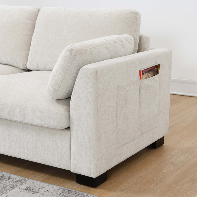 130" Modular Sectional Sofa, L-Shape with Folding Table and Dual-Port Charging, Side Storage Pockets, 2 Armrest Pillows, Free Movement Ottoman, High Density Foam, Chenille, 5 Seat