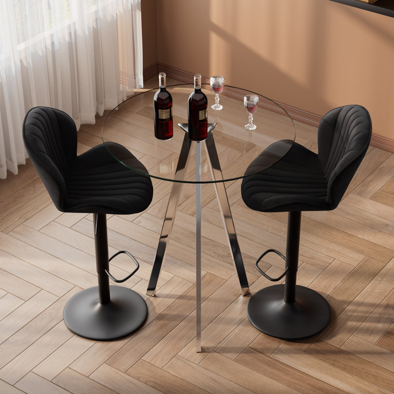 Table de pub ronde et 2 à 4 tabourets de bar réglables à 360 °, 3 pièces: table, 2 chaises, Noir, Argent argent
