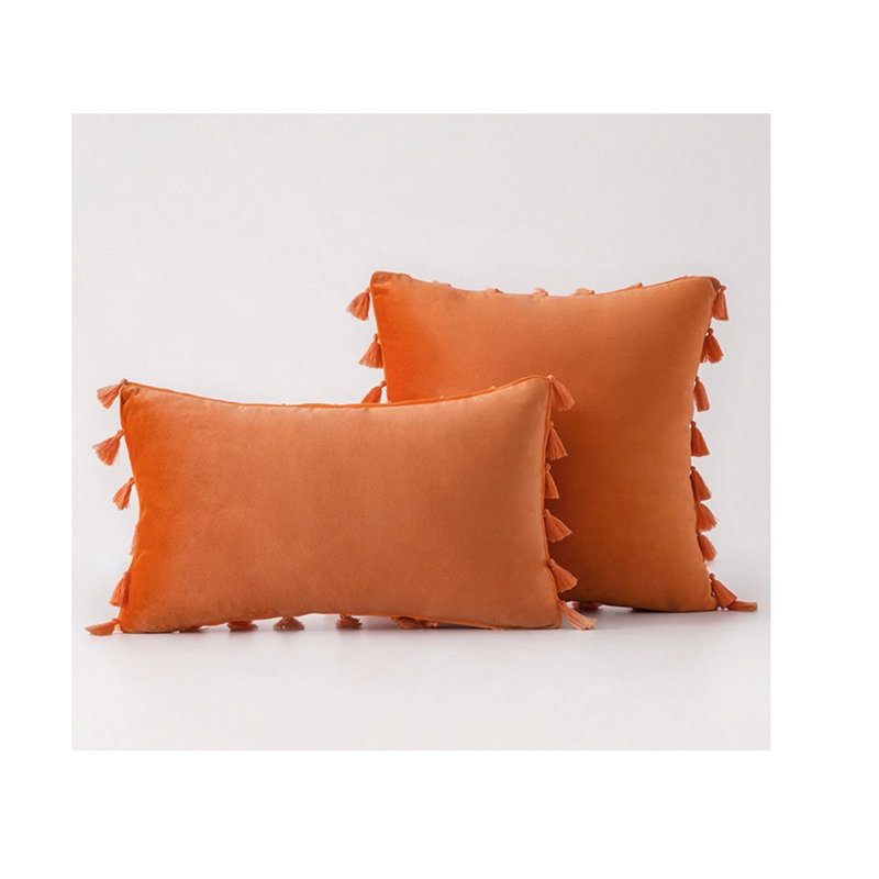 Velvet with Tassle Velvet Throw Pillow, Orange, Polyester, 14"H x 20"W