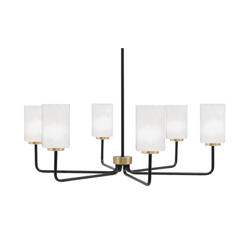 Lustre 6 lumières Amarmula, noir mat et laiton vieilli, verre marbré blanc 4 po, Blanc, Noir/laiton