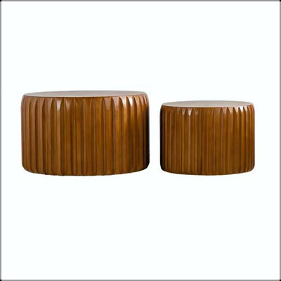 Ensemble de 2 tables basses rondes cannelées gigognes - bois Mid-Century