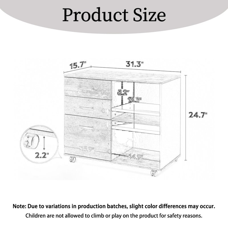 Classeur mobile avec 3 tiroirs et tablettes ouvertes, classeur latéral en bois, support pour imprimante pour bureau personnel