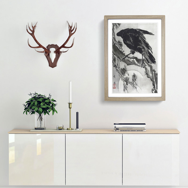 Crow & the Moon by Kawanabe Kyosai - Framed Print, 65cm H x 48cm W x 2cm D, Oak Framed