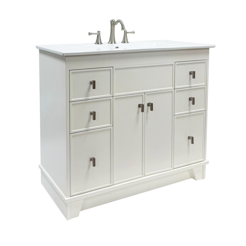 Meuble-lavabo simple 40 po - Finition blanche avec comptoir en céramique blanche, Nickel brossé, Blanc