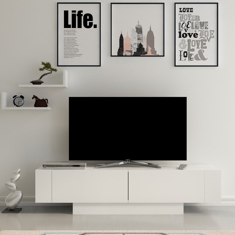 Meuble télé moderne blanc avec tablettes murales (2 pièces), 59,1 po x 16,4 po x 12,4 po | 100% panneau de particules enduit de mélamine, épaisseur: 0,7 pouce | Plusieurs tablettes, solution de rangement murale et élégante pour le salon
