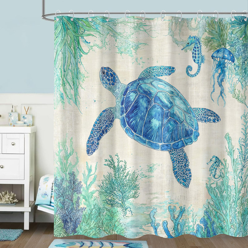 Ensemble de rideau de douche en tissu imperméable avec crochets pour salle de bain Funny Ocean Turtle 72 po x 72 po