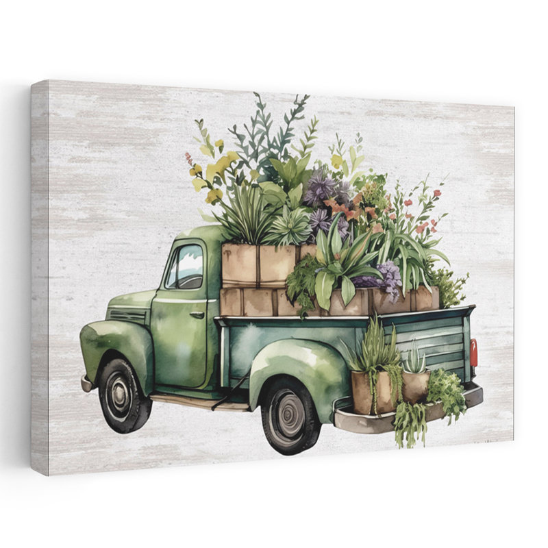 Camion de fleurs rétro IV - art campagnard vert moderne, H 16 po x l 24 po