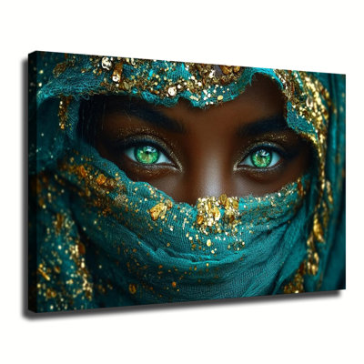Femme mystérieuse avec foulard turquoise et yeux verts saisissants, grande impression sur toile tendue avec châssis pour le salon, la chambre à coucher