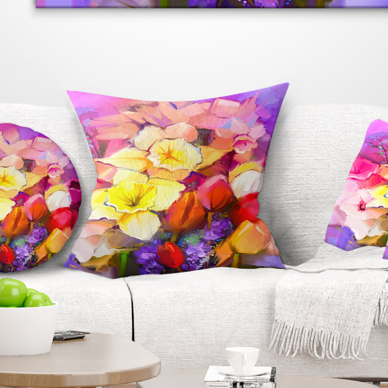 Oreiller en bouquet de jonquille et de tulipes à fleurs, 16 po x 1 po, Coussin décoratif