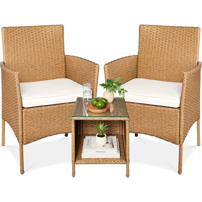 Ensemble bistro 3 pièces pour conversation avec osier pour l'extérieur avec table d'appoint - Naturel / Ivoire