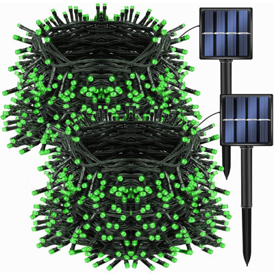 Ensemble de 2 guirlandes lumineuses solaires de Noël à DEL de 400 pi au total, 132 pi, vert pour la fête de la Saint-Patrick, avec 8 modes de guirlandes imperméables pour la décoration du jardin