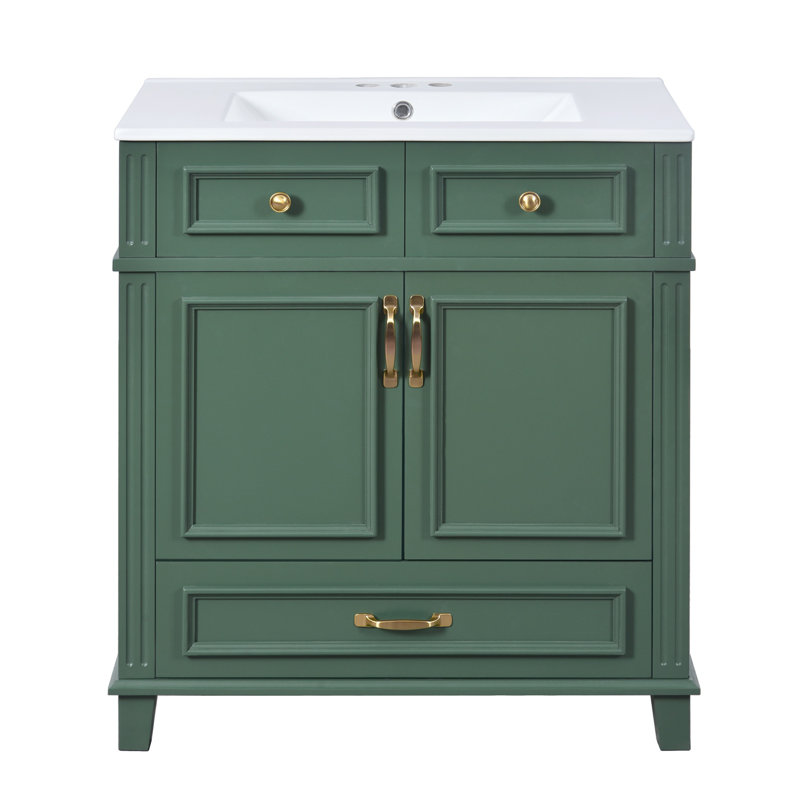 Meuble-lavabo simple 30 po avec lavabo en céramique, Vert/doré