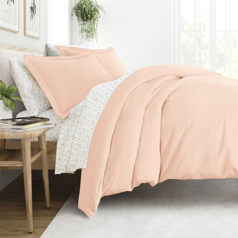 Ensemble de literie 8 pièces - Housse de couette unie, ensemble d'édredon et ensemble de draps à motifs, Floral rosé