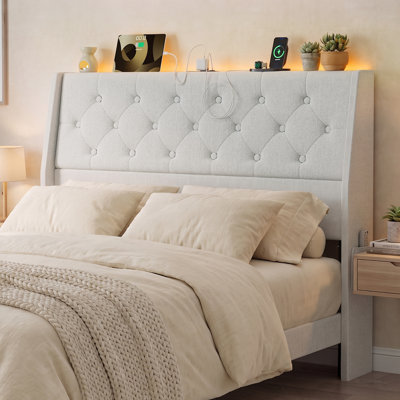 Tête de lit grand format avec rangement, tête de lit ergonomique rembourrée en lin capitonnée avec lumières DEL et station de charge, tête de lit autoportante moderne seulement, hauteur réglable, assemblage facile, blanc