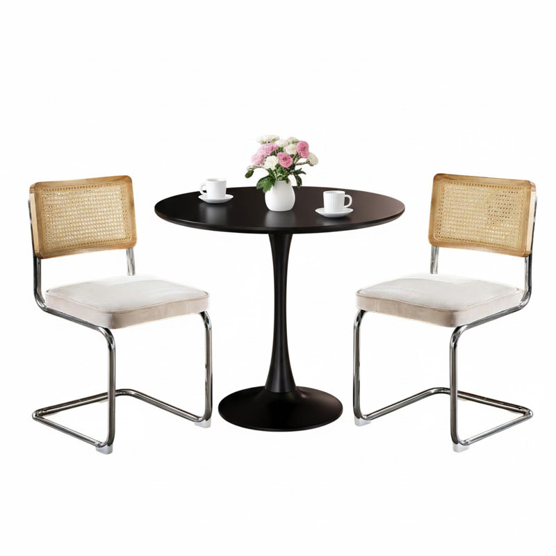 Ensemble de salle à manger rond 3 pièces à économie d'espace 24 po, table avec chaises en rotin, Noir, Beige