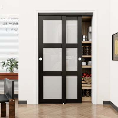 Black 80 in. 3 Lite Forsted Glasses Pantry & Closet Sliding Doors With Hardware Kit (No assembly required)