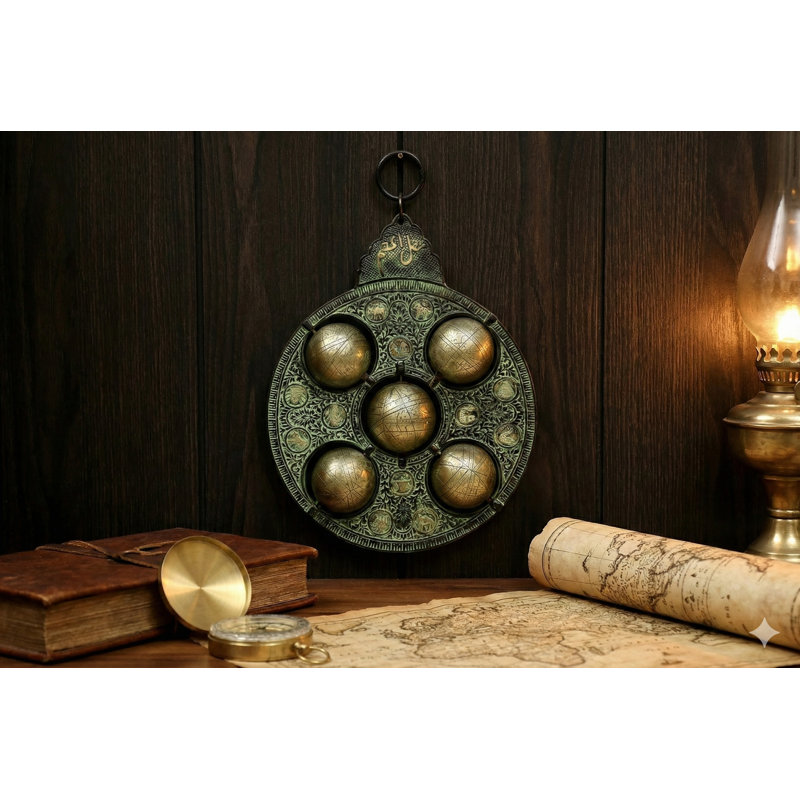 Handmade 15-Inch Brass Astrological Globe – Celestial-Themed Wall Hanging Decor with Verdigris Finish, Ornate Motifs & Multiple Engraved Globes