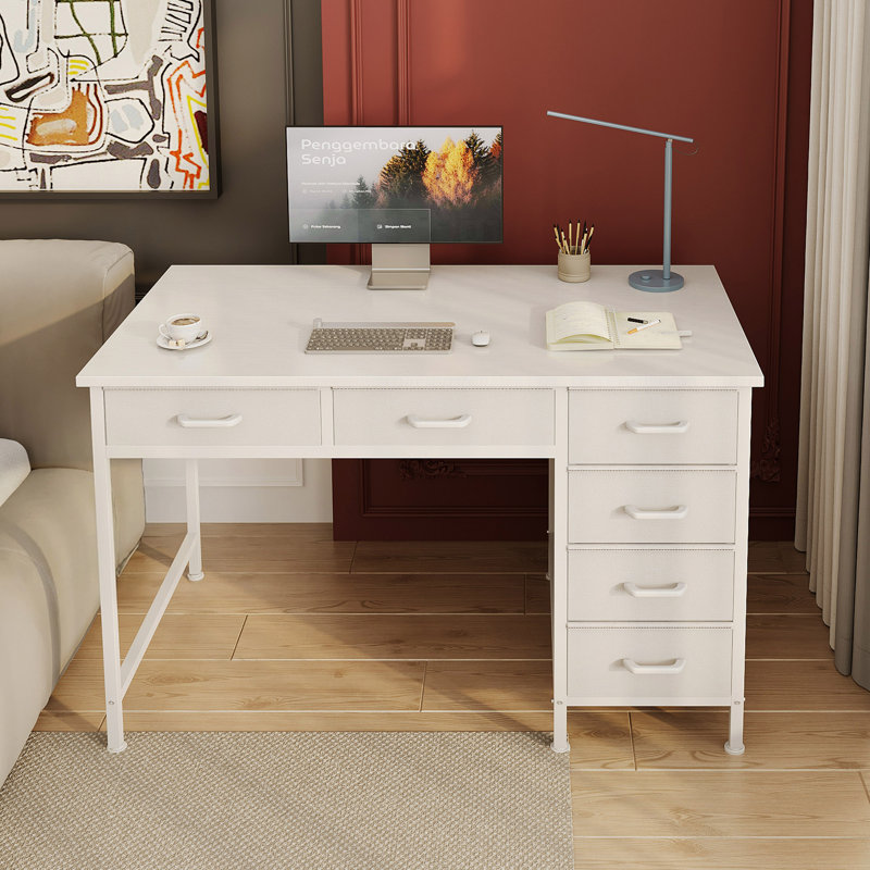 Bureau d'écriture avec tiroirs en tissu à 6 niveaux, bureau à domicile avec design réversible, bureau d'angle moderne avec structure solide