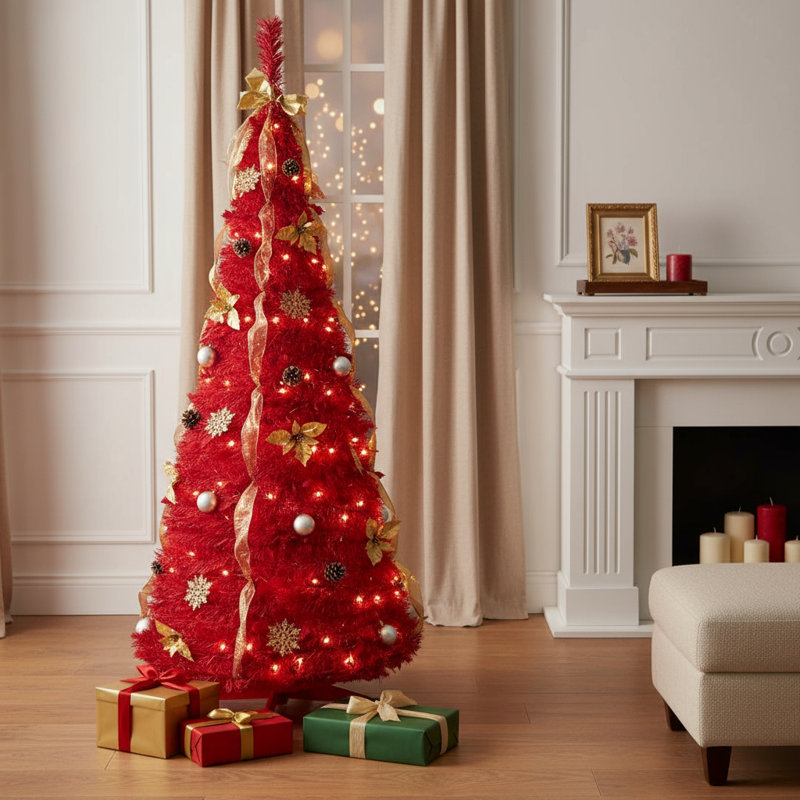 Arbre de Noël 6 pi avec lumières décoratives Tinsel Red