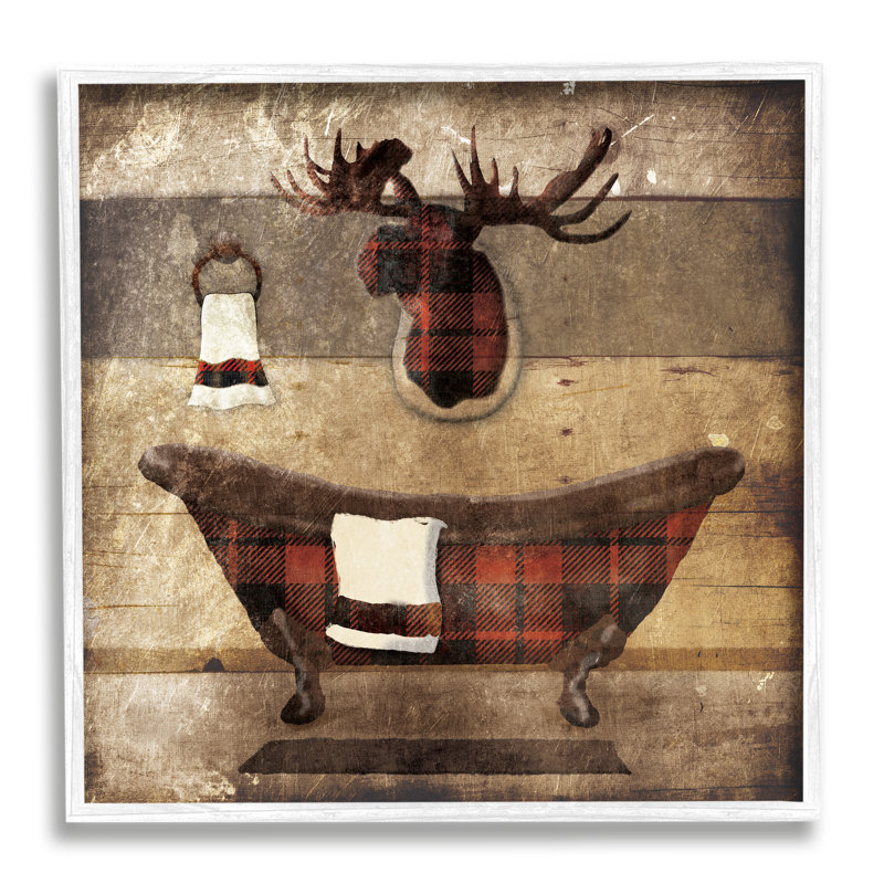 «Plaid Cabin Bathroom Country», peinture, H 24 po x l 24 po x P 1,5 po, Giclée encadrée blanc bord de mer