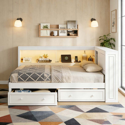 Full Size Wood Daybed With Storage Shelves, USB, LED, And 2 Drawers