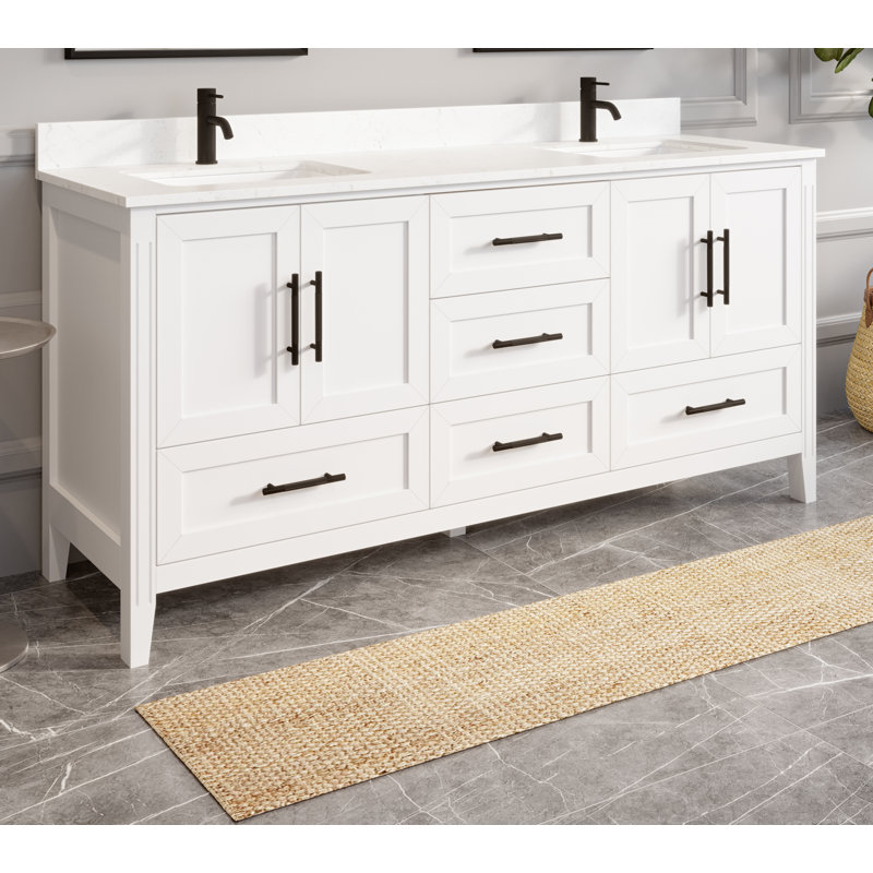 Houston White 72" W x 22" D Double Sink Bathroom Vanity with Power Bar & Drawer Organizer, Diamond Quartz Top, Undermount Ceramic Sink, Solid Birch Hardwood, Pre-Assembled