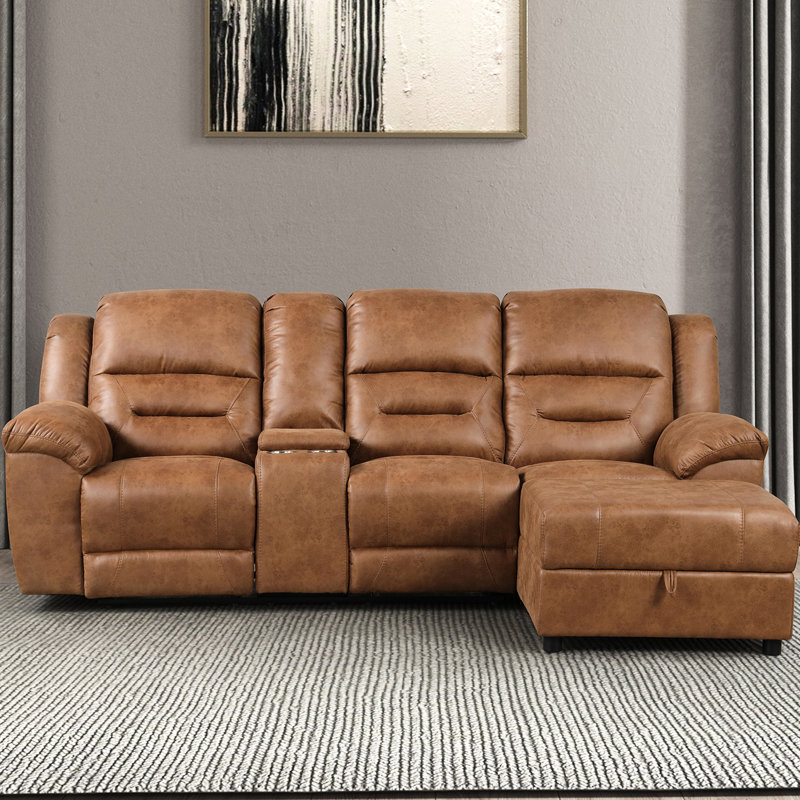 Canapé modulaire contemporain avec dossier réglable et méridienne brun selle pour un ensemble de décoration en forme de L en forme de L