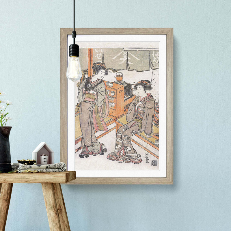At the Ise-Ya Tea-House by Koryusai Isoda - Framed Print, 50cm H x 35cm W x 2cm D, Oak
