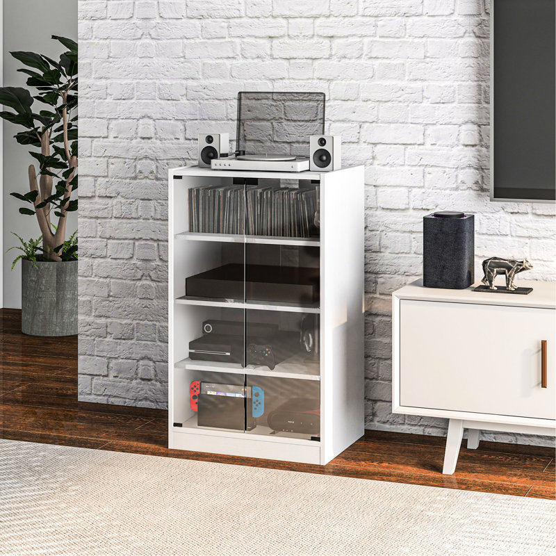 Meuble multimédia moderne, 4 portes en verre trempé, étagères réglables, gestion des câbles, blanc, pour récepteurs et syntoniseurs audio, étagères et rangement, neuf
