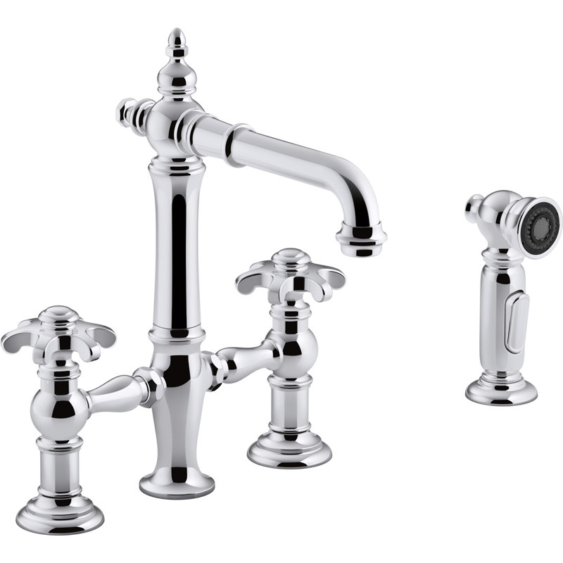 Artifacts Bridge Faucet with Side Spray, Polished Chrome, Knob/Cross Handle