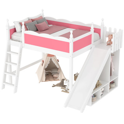Solid Wood Pink And White Full Loft Bed With Detachable Slide, Storage, Wardrobe, No Spring Box, Stylish And Practical Storage Shelves, Wood, Comfortable Sleeping For
