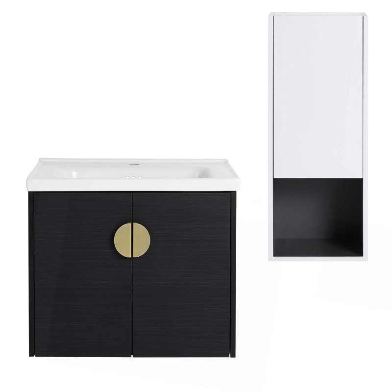 Meuble-lavabo mural avec lavabo en céramique et armoire latérale, portes à fermeture douce, armoire combinée