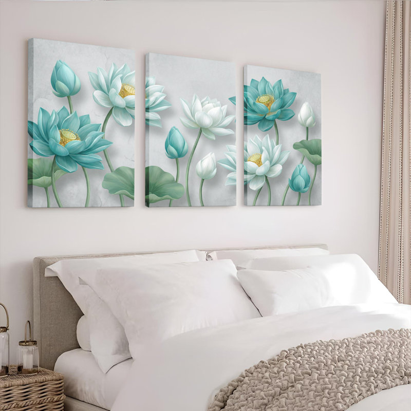 Ensemble de 3 tableaux muraux sur toile tendue représentant des fleurs de lotus, pour la décoration du salon et de la chambre.
