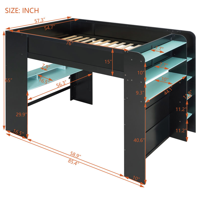 Full Size Loft Bed With Lighted Adjustable Desk, Open Wardrobe, And Bookcase, Black/Blue