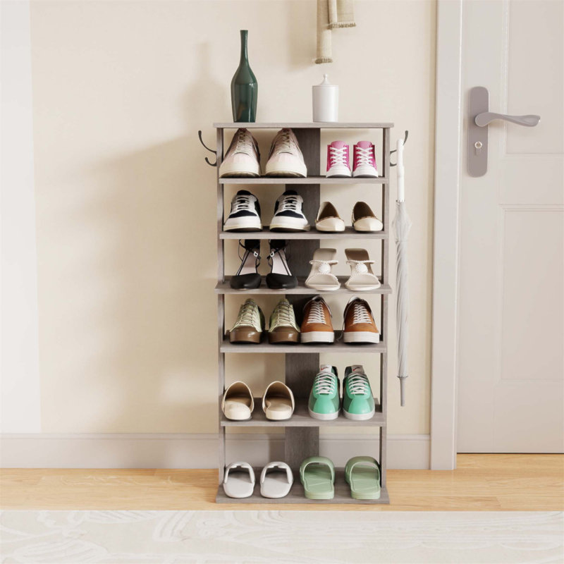 7-Tier Vertical Shoe Organizer With Hooks, Space-Saving Entryway Storage For 12-14 Pairs, Easy Assembly, Rustic Grey Finish