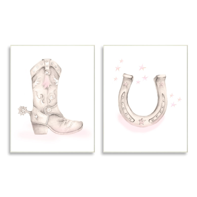 «Cowboy Boot», étoiles roses, fer à cheval, thème occidental, ensemble de 2 plaques murales par Studio Q