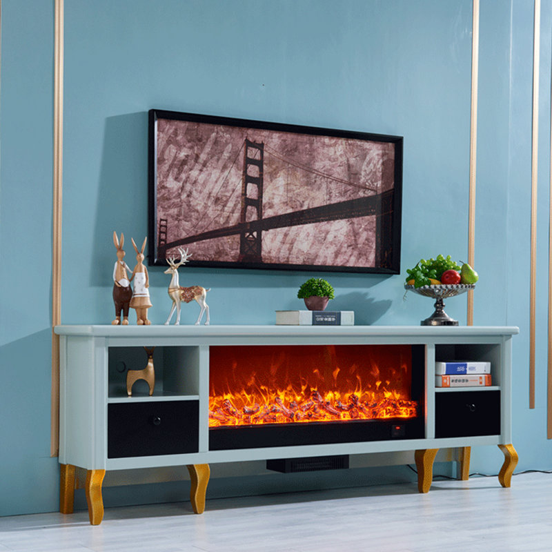 Blue Solid Wood TV Cabinet Fireplace