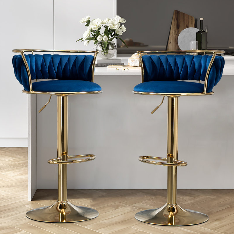 Ginko Height Adjustable Swivel Bar Stool, Navy Blue, Gold