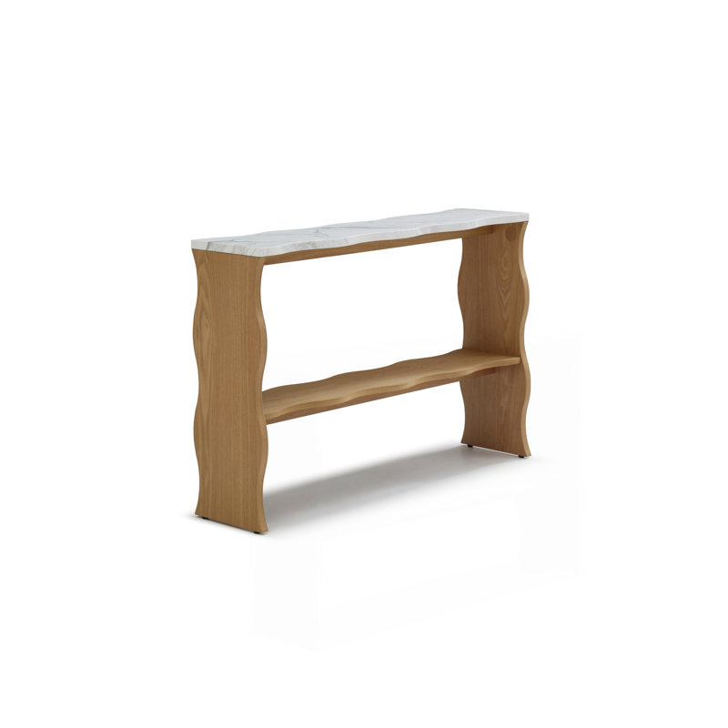 47.24" Whisper Of Waves Modern Console Table W/ White Marble-Pattern Top, Solid Wood Veneered Sofa Table W/ Open Storage Shelf, Entryway Table For Living Room, Natural Wood
