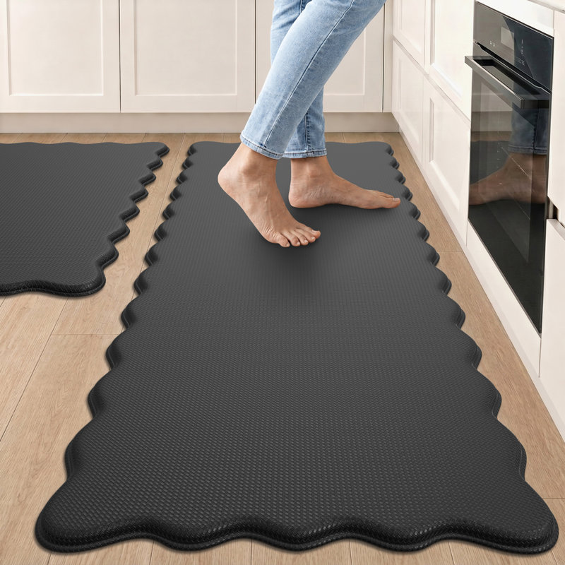 Tapis de cuisine festonnés anti-fatigue, Rectangle 17,3 po x 30 po + 17,3 po x 59 po, Black