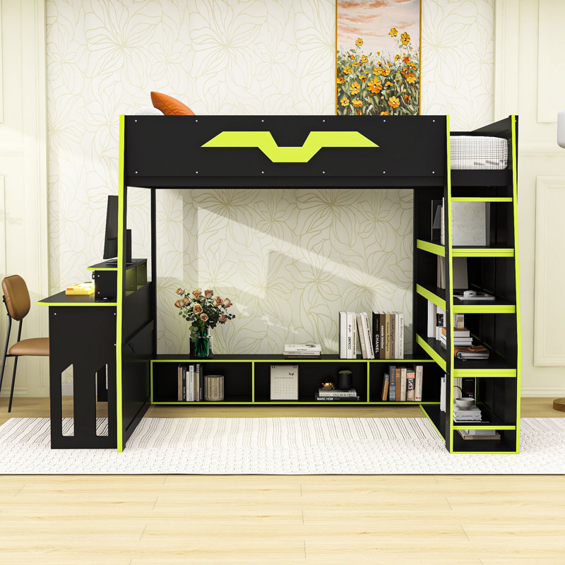 Lit mezzanine double en bois avec bureau, tablettes et lumière RVB contrôlée par l'application, Vert