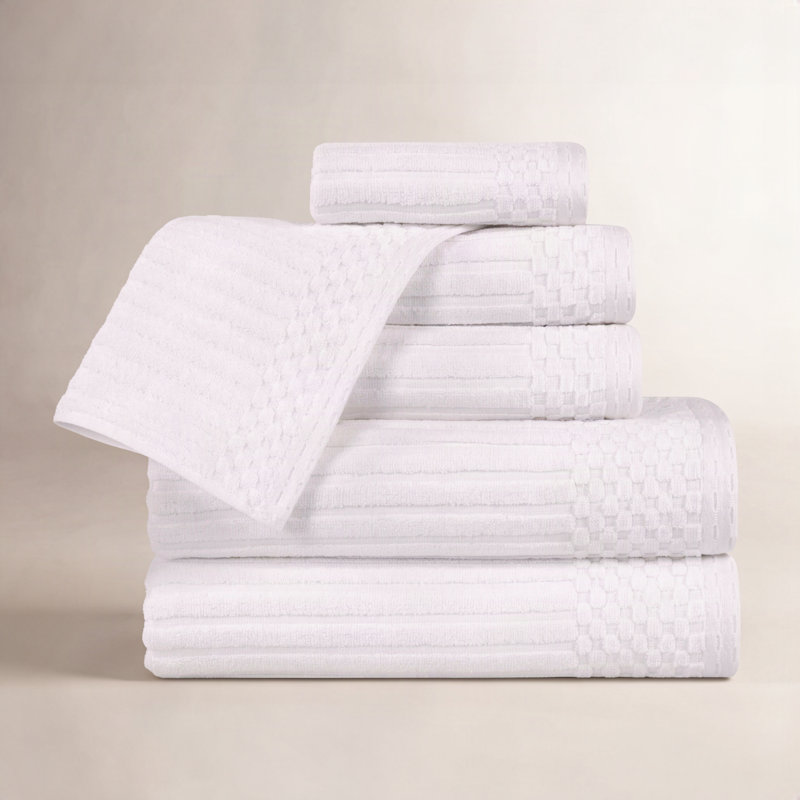 Ruvins Cotton Highly Absorbent 6-Piece Solid and Checkered Border Towel Set, White