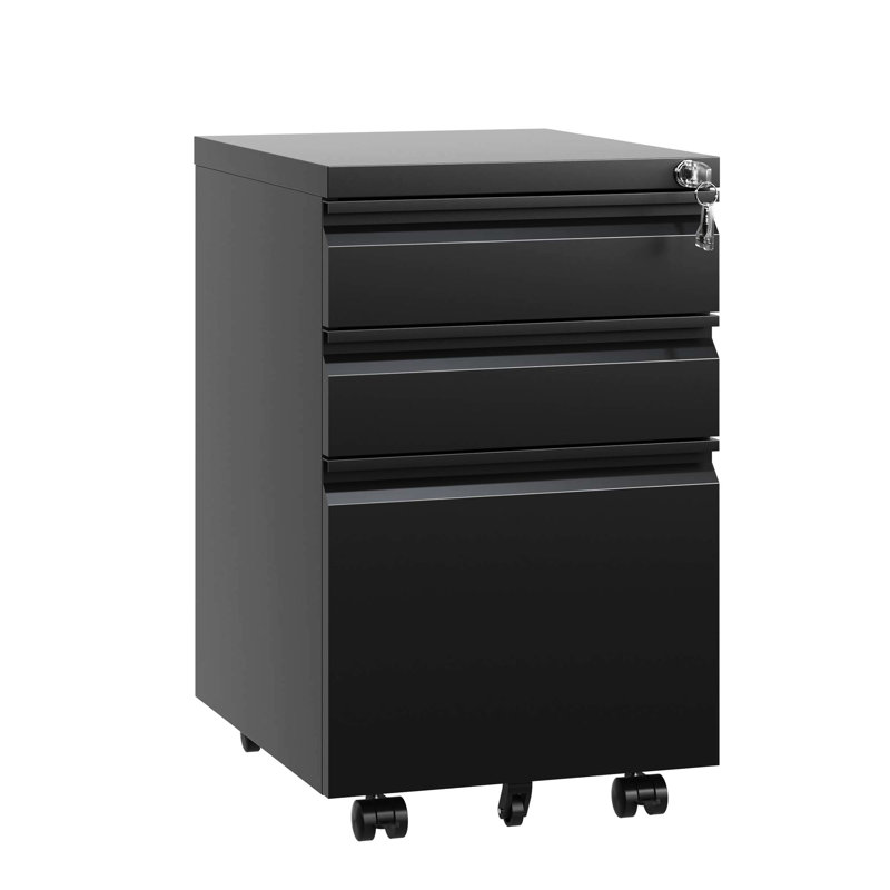 Classeur verrouillable en métal pour bureau, 3 tiroirs, noir, entièrement assemblé, intérieur spacieux, classeur mobile à mobilité douce, métal, matériel de bureau sécuritaire, mouvement