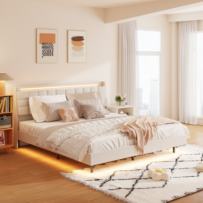 Lit plateforme tapissier Natricia, Grand lit, Beige