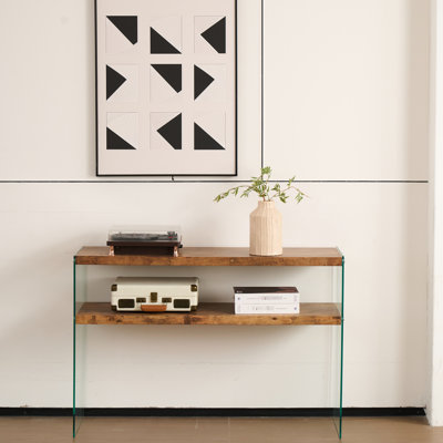 Big Side Table, Walnut Tempered Glass Console Table For Living Room, Restaurant, Can Be Stacking Desk, Learning Waterproof, And Smooth Finish With Glass, Picnic Attractive