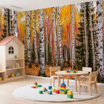 Papier peint auto-adhésif Birch Tree Grove Autumn Colours, papier contact amovible pour salon, chambre à coucher H 100 po x l 144 po