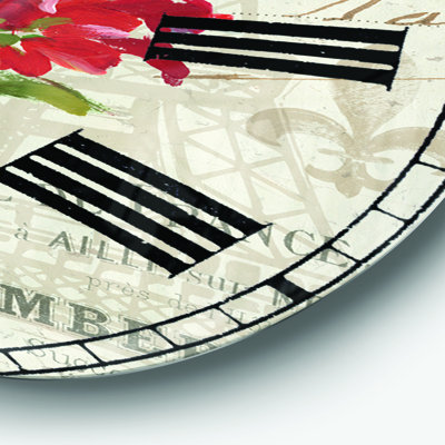 Red Painted Flowers on Vintage Postcard III - Farmhouse Wall Clock