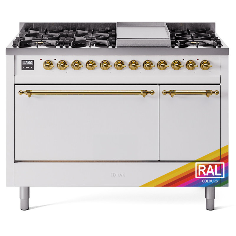 ILVE Nostalgie II, cuisinière à double combustible de 48 po, 8 brûleurs, plaque chauffante, Propane liquide, RAL / laiton