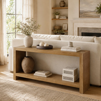 63" Rustic Farmhouse Console Table, 2-Tier Extra Long Sofa Table with Wood Veneer & Bottom Shelf