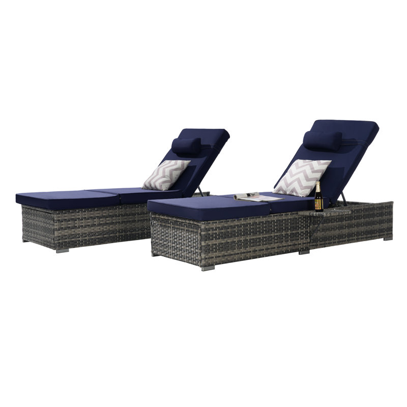 Outdoor Chaise Lounges With Adjustable Backrest And Storage For Outside, Dark Blue Cushion/Dark Gray Frame